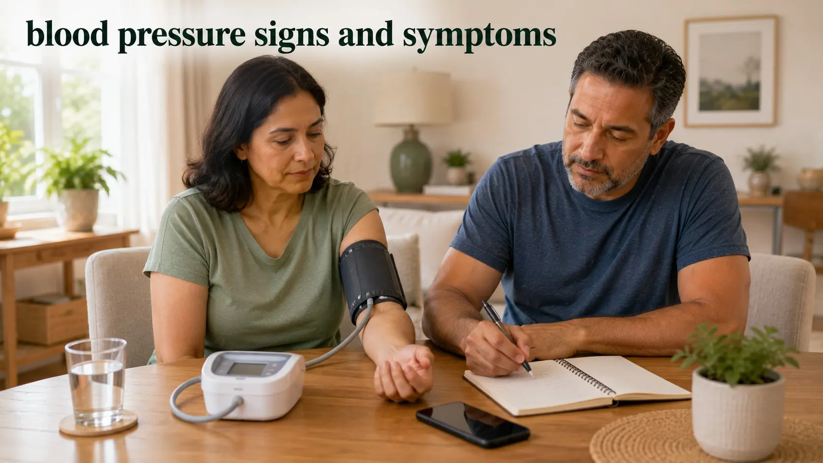 blood pressure signs and symptoms- Adult checking blood pressure correctly at home while another person records the reading.