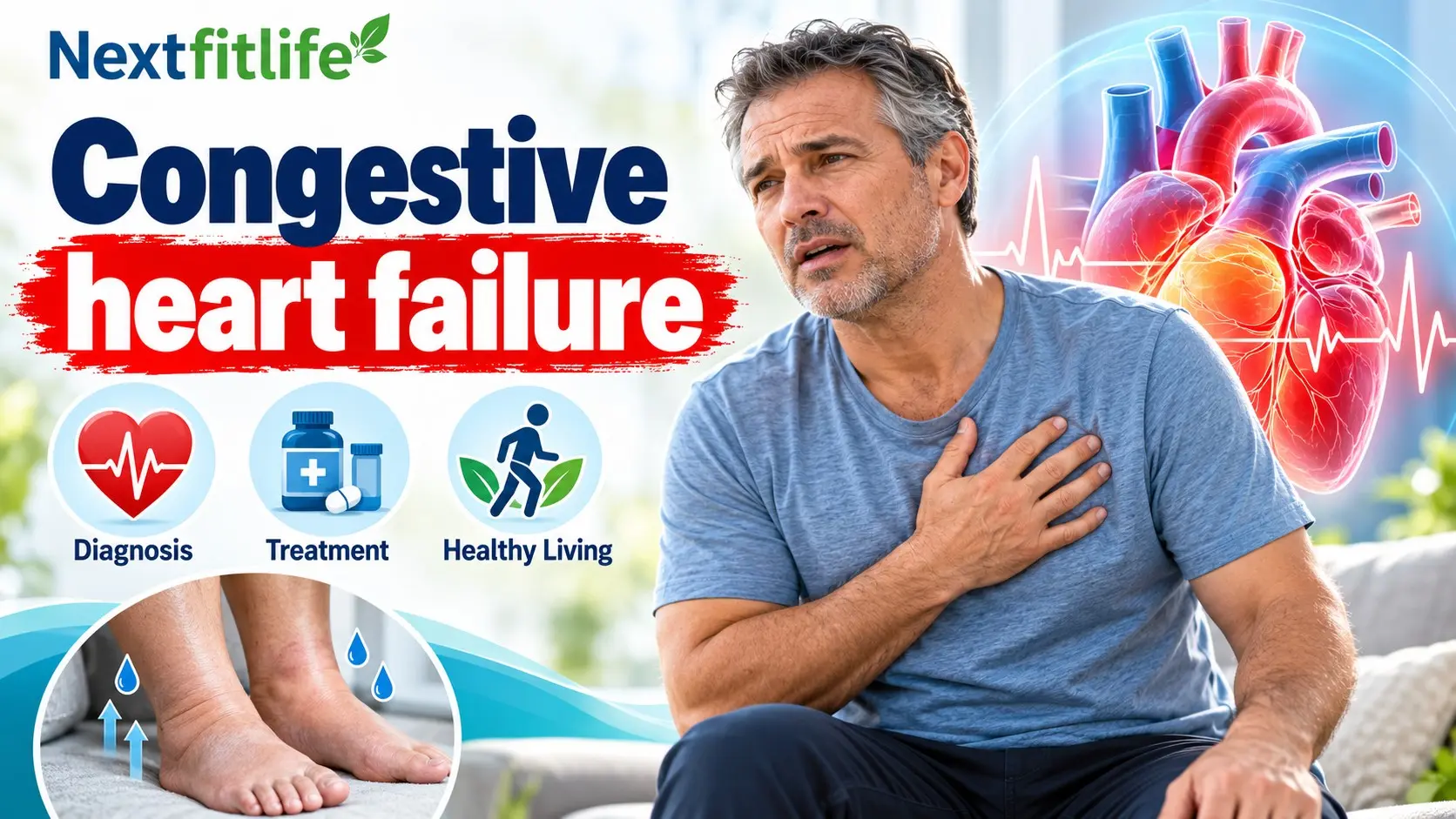 Congestive heart failure showing shortness of breath, swollen legs, fatigue, fluid buildup, heart monitoring, and modern treatment