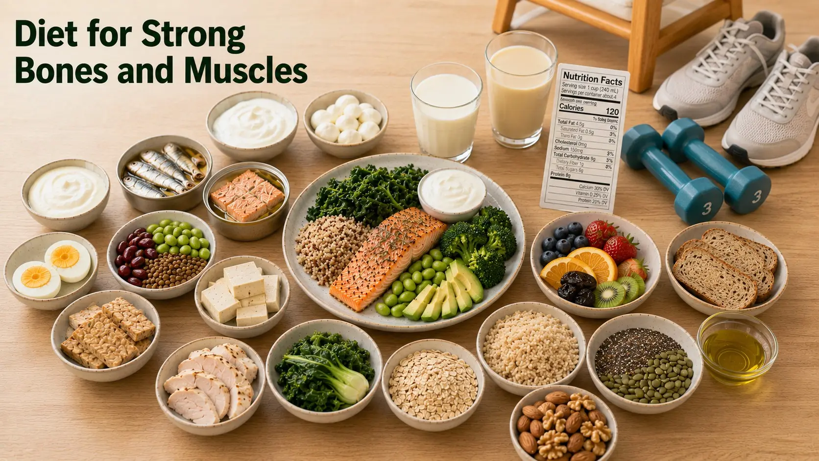 Diet for Strong Bones and Muscles with yogurt, milk, salmon, eggs, chicken, beans, tofu, greens, grains, nuts, seeds, fruit, and avocado.
