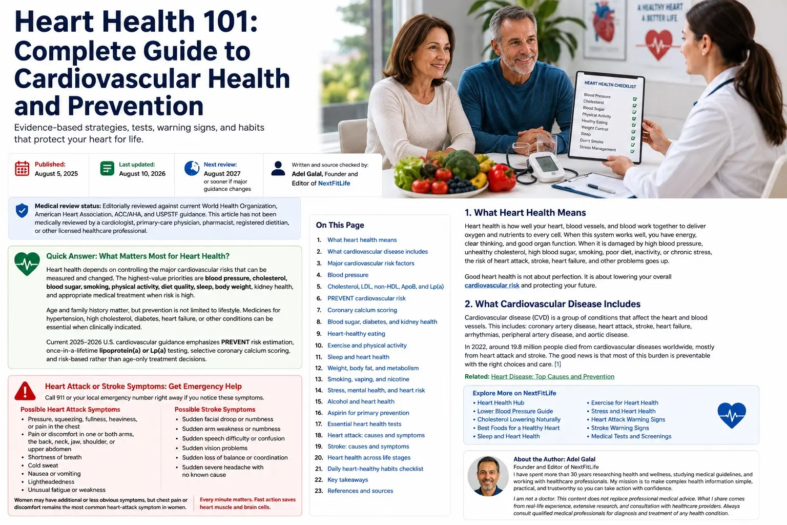 heart health - Adults discuss blood pressure, cholesterol, blood sugar, exercise, food, sleep, and cardiovascular risk with a healthcare professional
