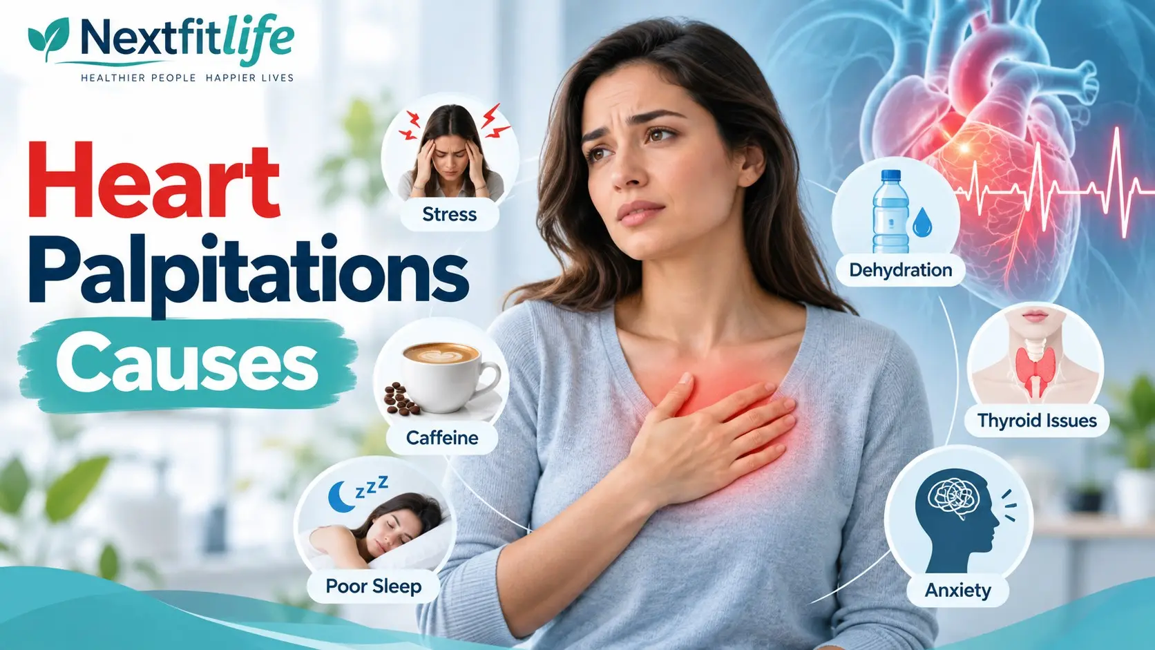 Heart palpitations causes including stress, caffeine, thyroid problems, anemia, arrhythmias, medicines, and warning signs