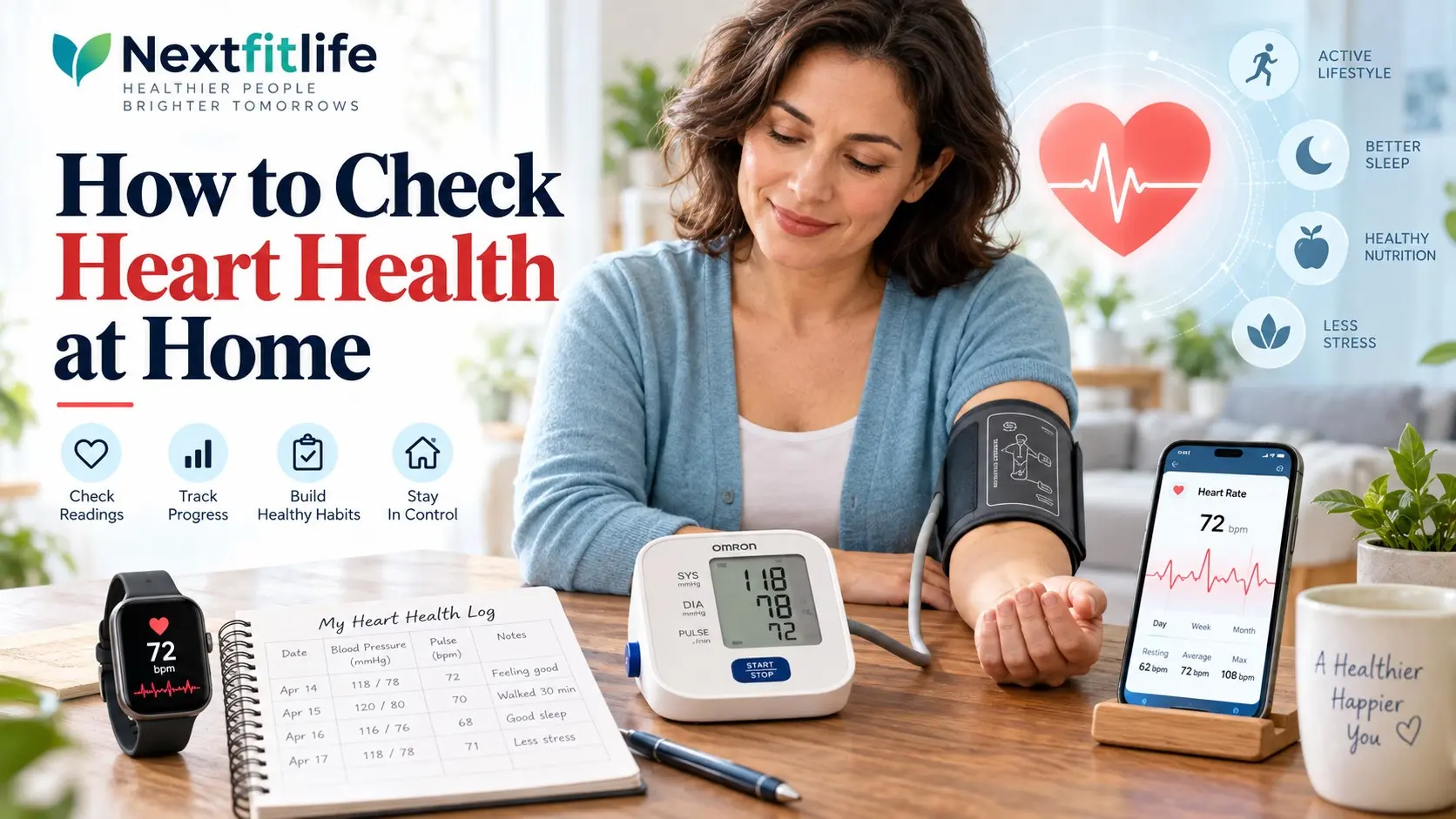 How to check heart health at home using blood pressure, pulse, symptom tracking, weight, activity tolerance, and safe heart monitoring