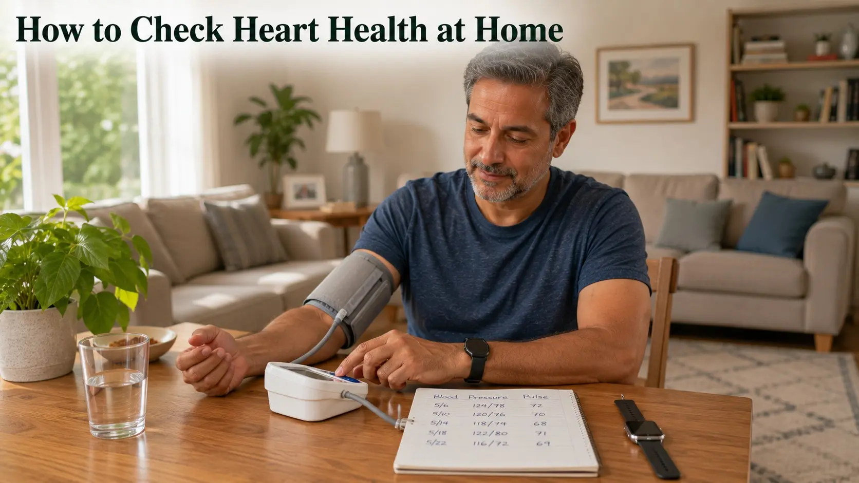 How to Check Heart Health at Home - Adult checking blood pressure and recording pulse readings to monitor heart health at home.