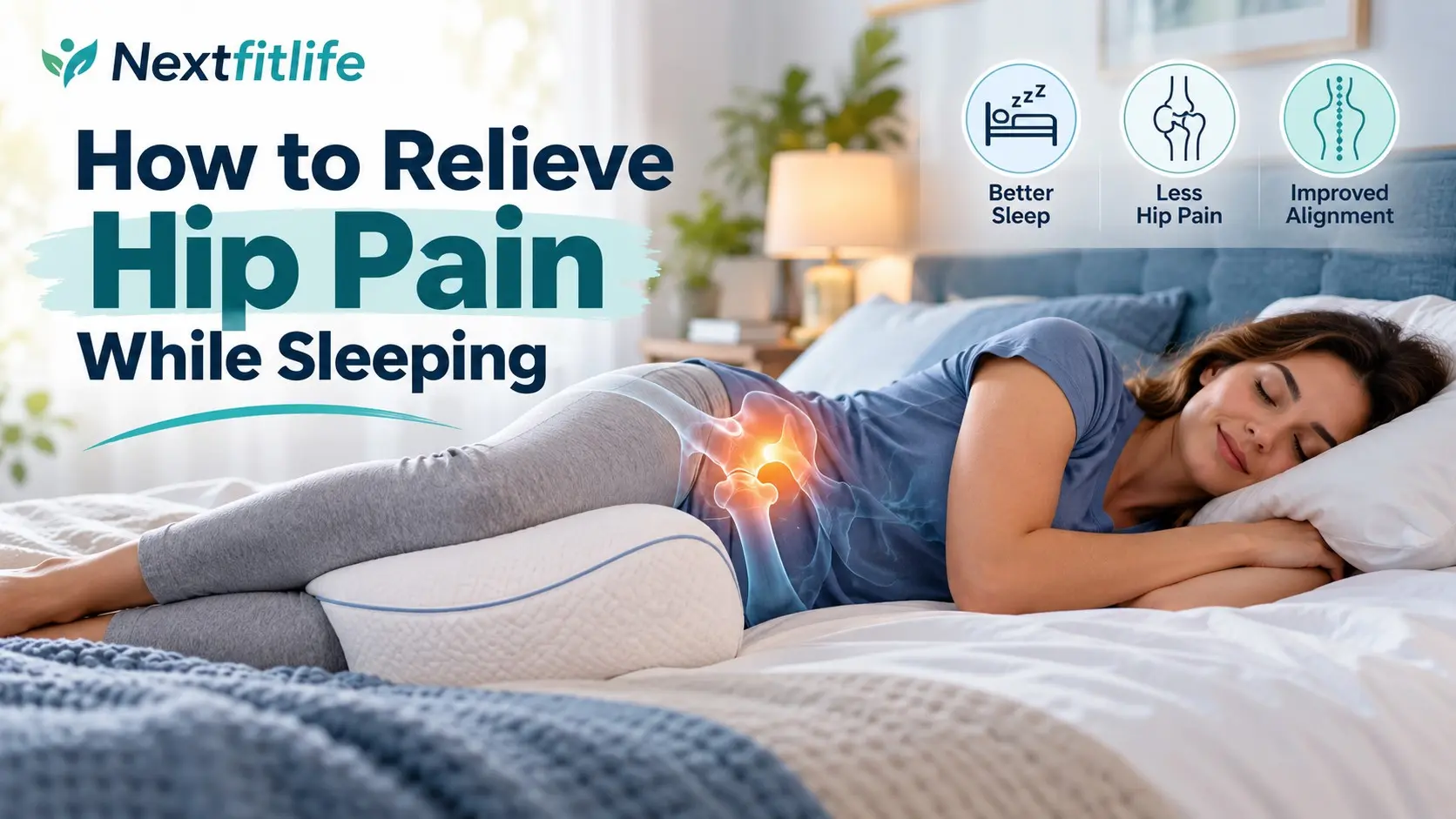 How to relieve hip pain while sleeping using safer sleep positions, knee pillows, gentle exercise, heat, and medical care