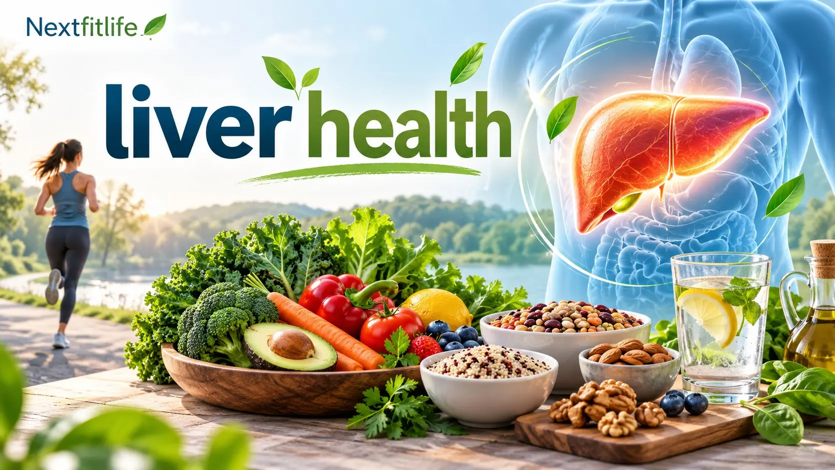 Liver health guide showing healthy food, exercise, weight care, alcohol reduction, hepatitis prevention, sleep, and liver testing