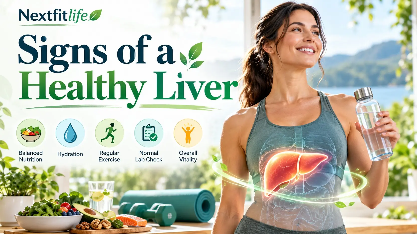 Signs of a healthy liver including normal liver tests, healthy metabolism, no jaundice, exercise, balanced food, and medical screening