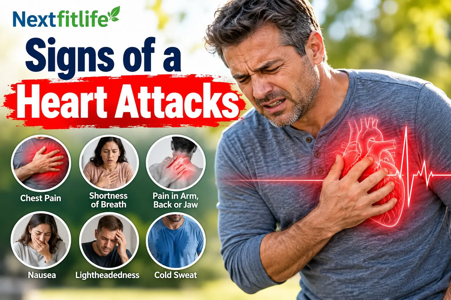 Signs of a heart attack showing chest pressure, arm pain, jaw pain, shortness of breath, cold sweat, nausea, and emergency action