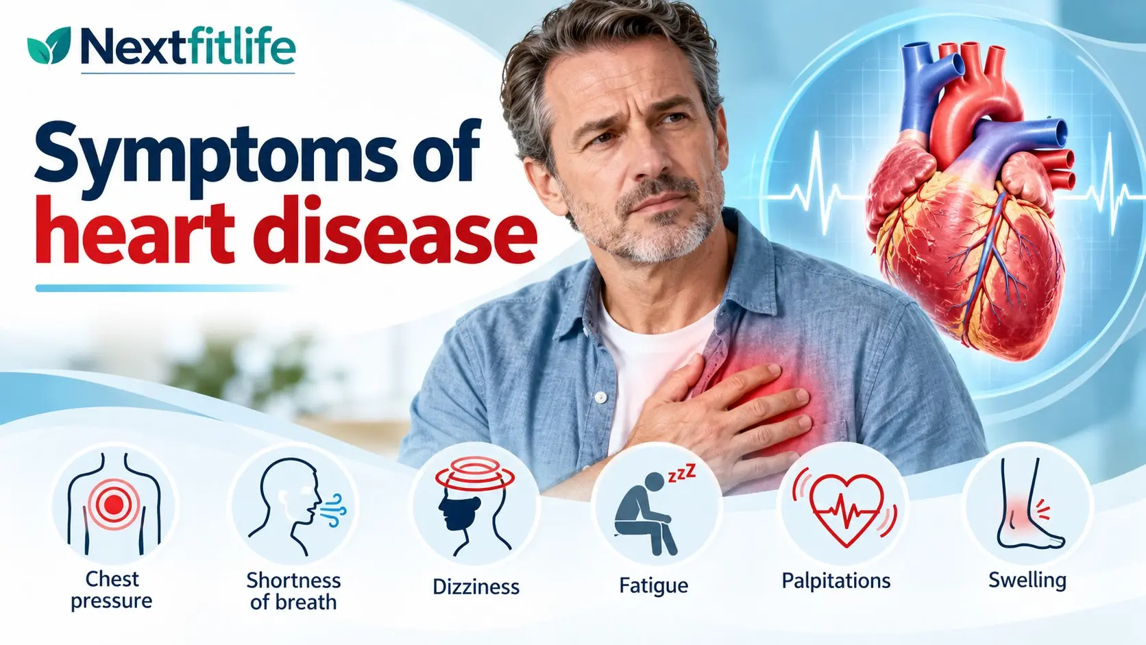 Symptoms of heart disease showing chest pressure, shortness of breath, palpitations, fatigue, dizziness, swelling, and emergency signs