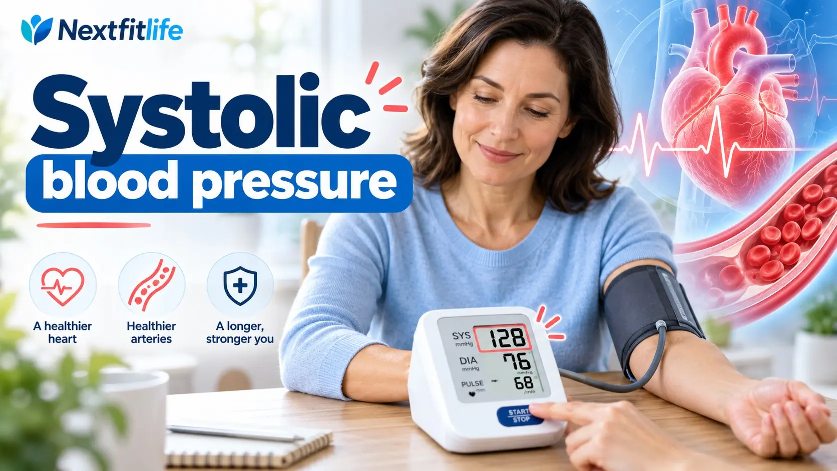 Systolic blood pressure explained with upper blood pressure number, home monitor, healthy range, high readings, and heart risks