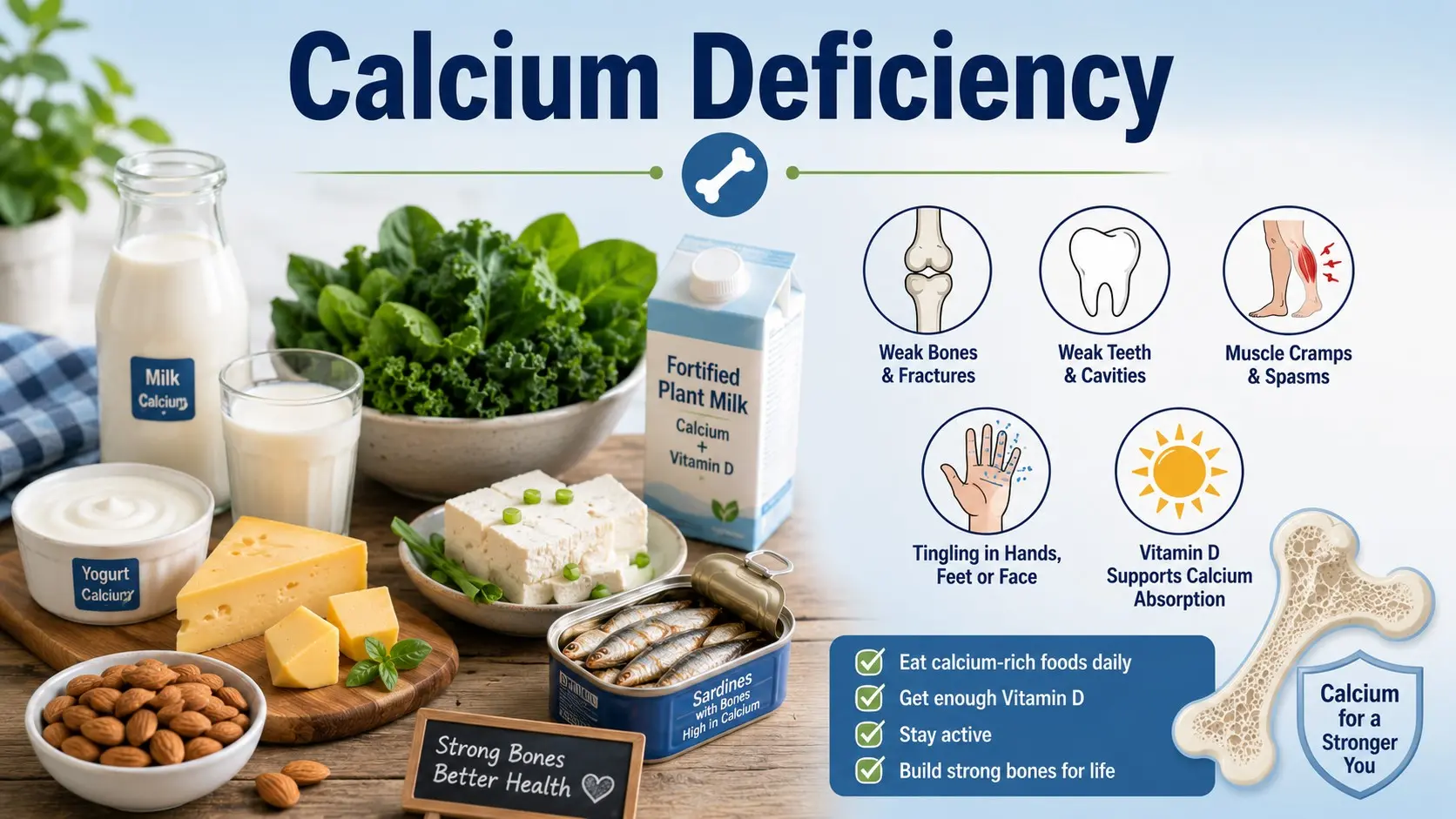 Calcium Deficiency guide with milk, yogurt, leafy greens, sardines, tofu, bones, teeth, muscle cramps, and vitamin D icons.
