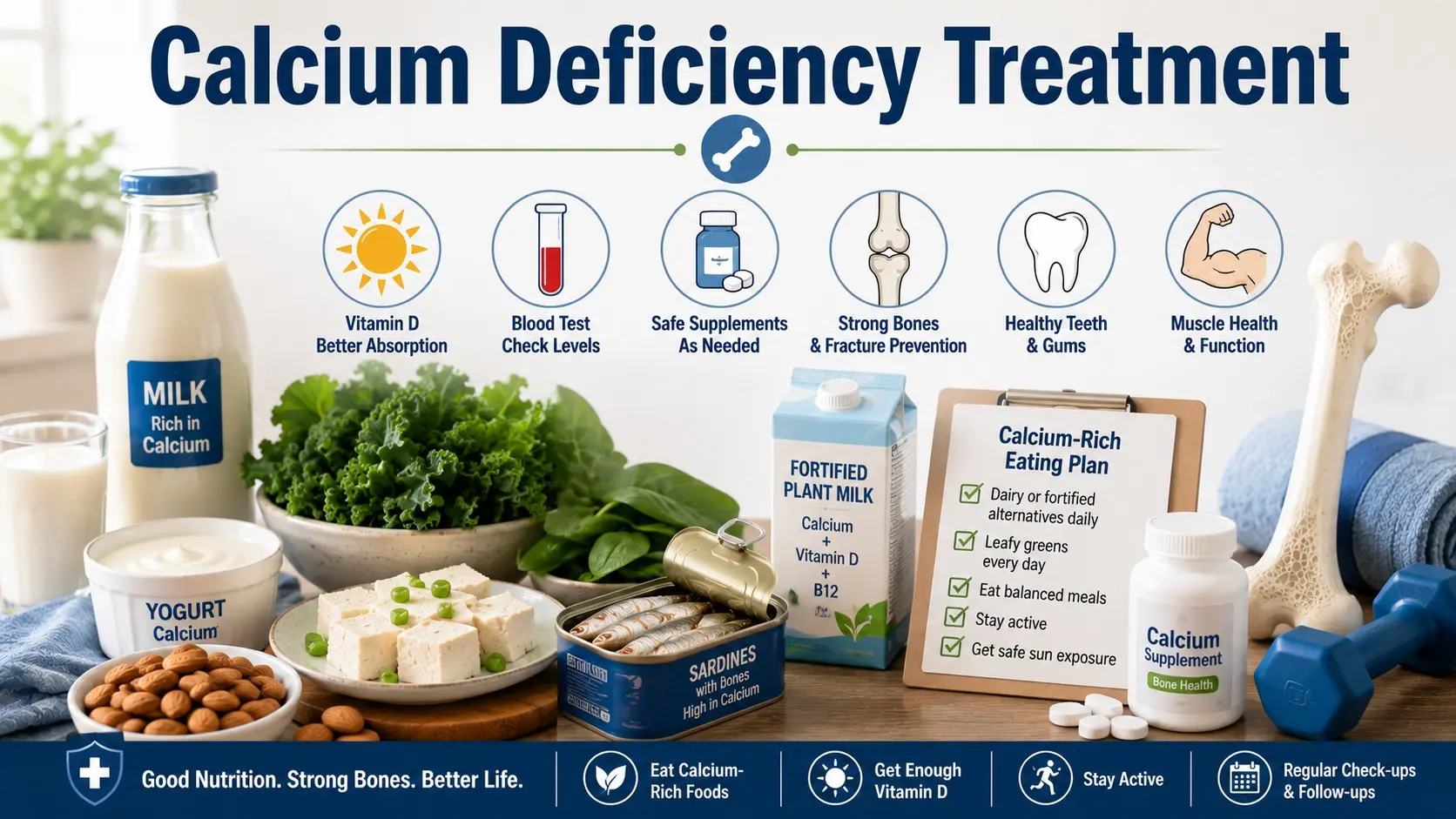 Calcium Deficiency Treatment guide with calcium rich foods, vitamin D, blood test, safe supplements, bones, teeth, and muscle health icons.