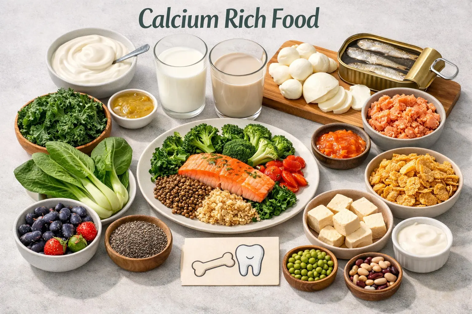 Best calcium rich foods including yogurt, milk, tofu, sardines, salmon, leafy greens, soybeans, chia seeds, and fortified cereal.