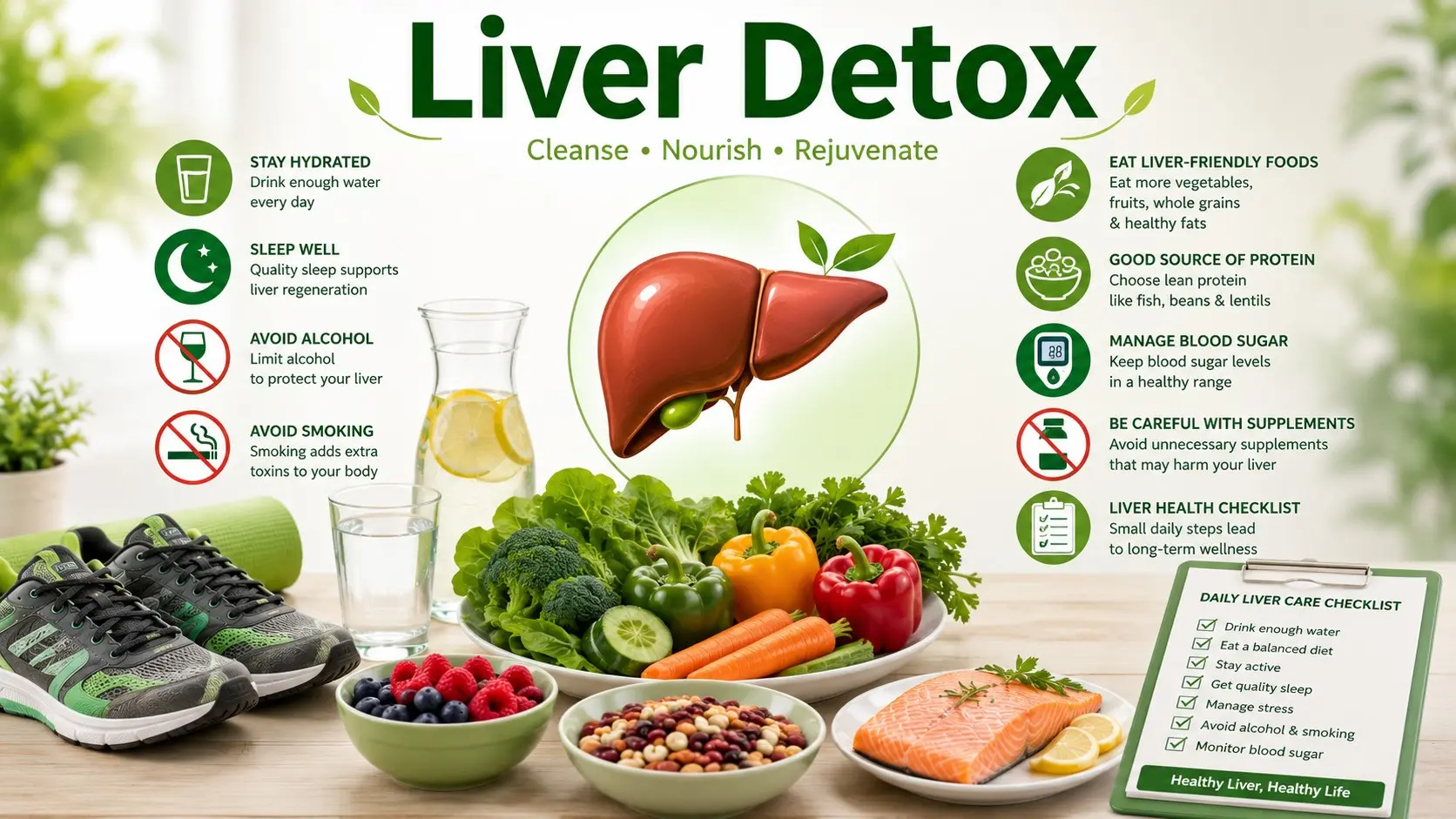 Liver Detox guide with liver health icon, water, balanced food, vegetables, walking, sleep, no alcohol, no smoking, safe supplements warning, and doctor checklist icons.