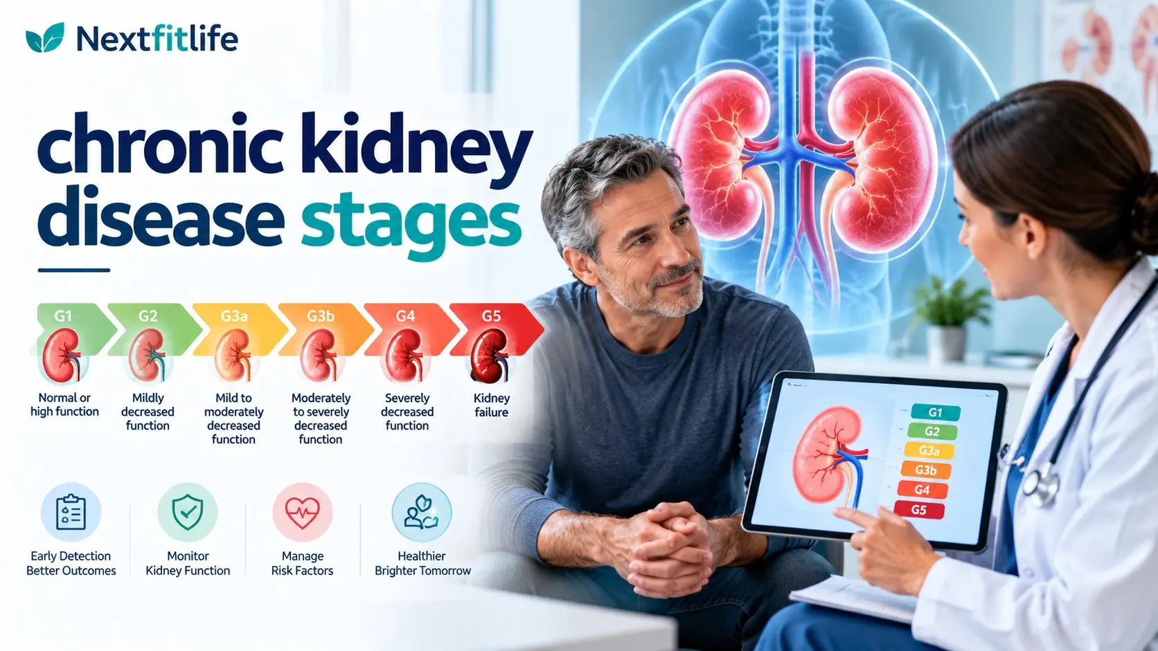 Chronic kidney disease stages showing G1 to G5, eGFR, urine albumin, kidney tests, symptoms, and stage based care
