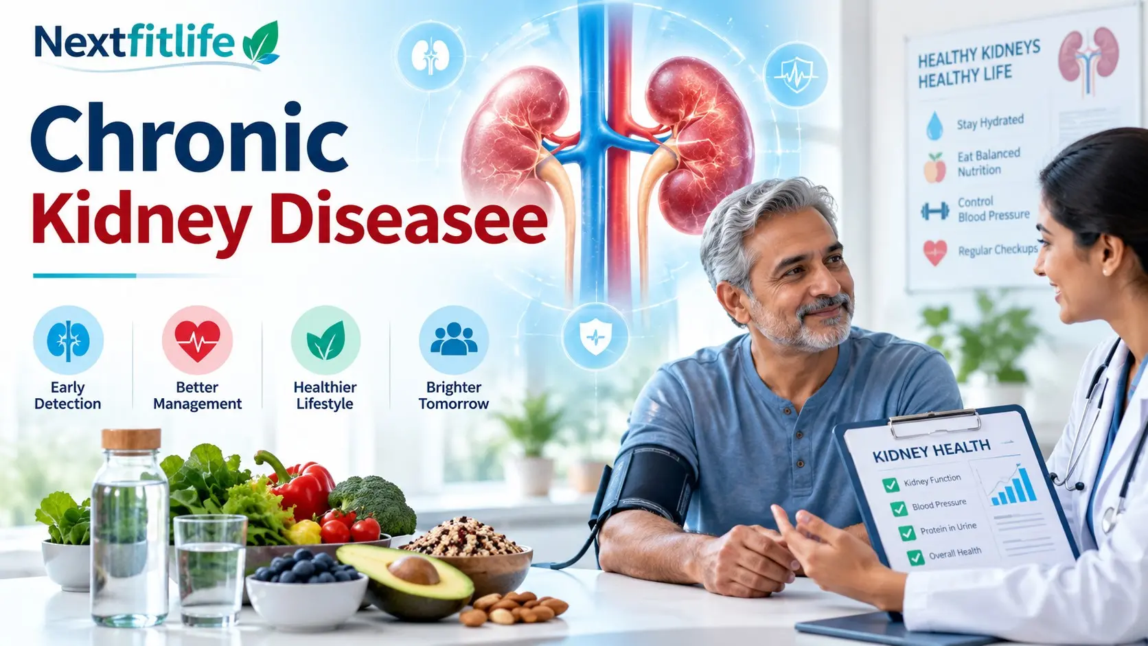 Chronic kidney disease guide showing kidneys, eGFR, urine albumin, swelling, blood pressure, CKD stages, and kidney care