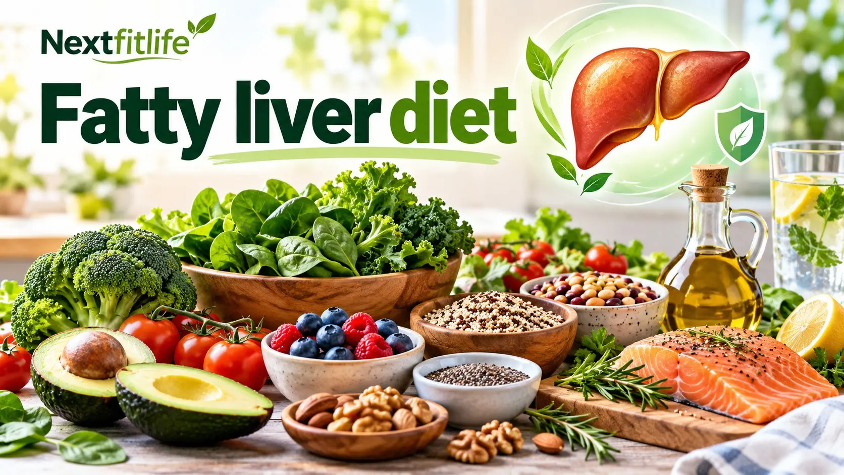 Fatty liver diet with vegetables, whole grains, fish, beans, olive oil, fruit, exercise, weight management, and liver health