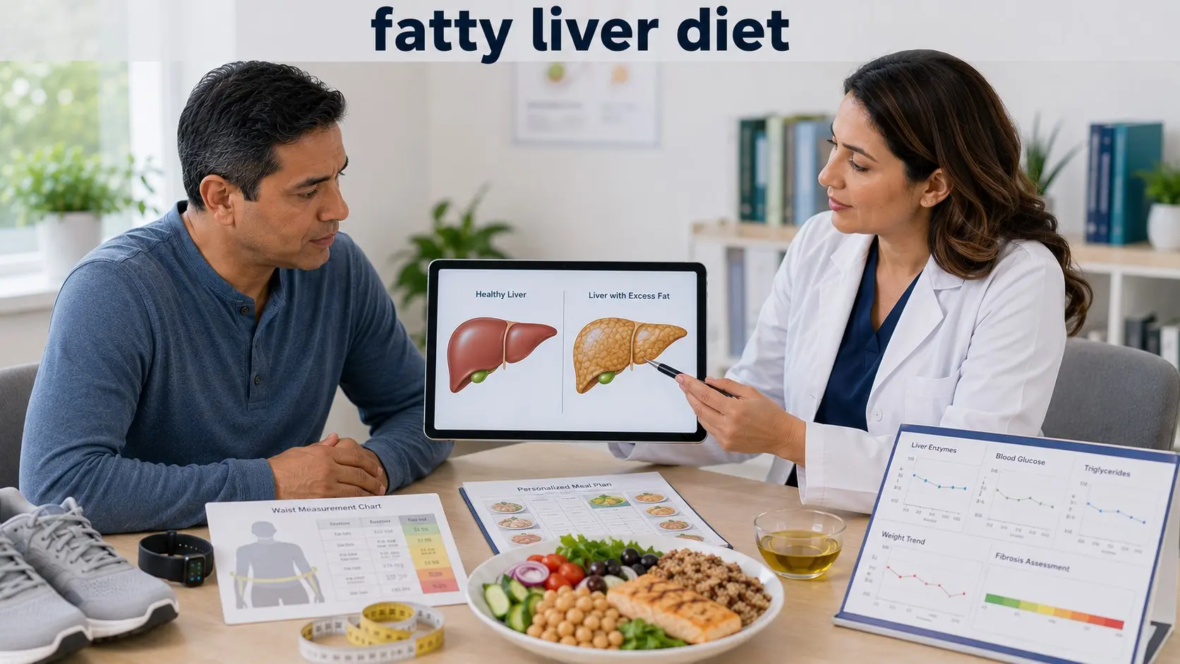 Patient reviews a fatty liver diet, liver tests, weight goals, and Mediterranean-style meals with a healthcare professional