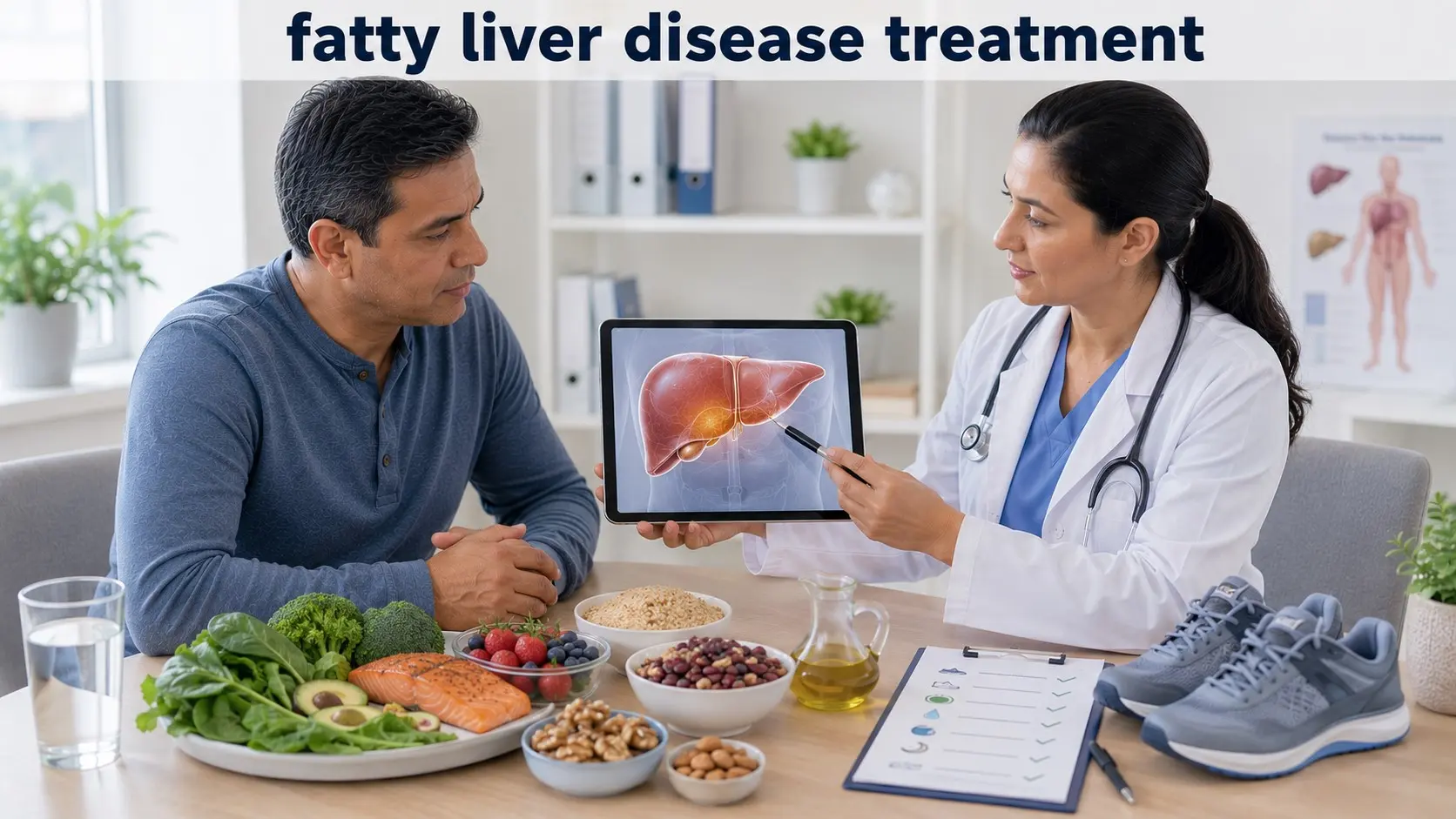 Healthcare professional discussing fatty liver disease treatment with a patient beside Mediterranean foods and a liver illustration.