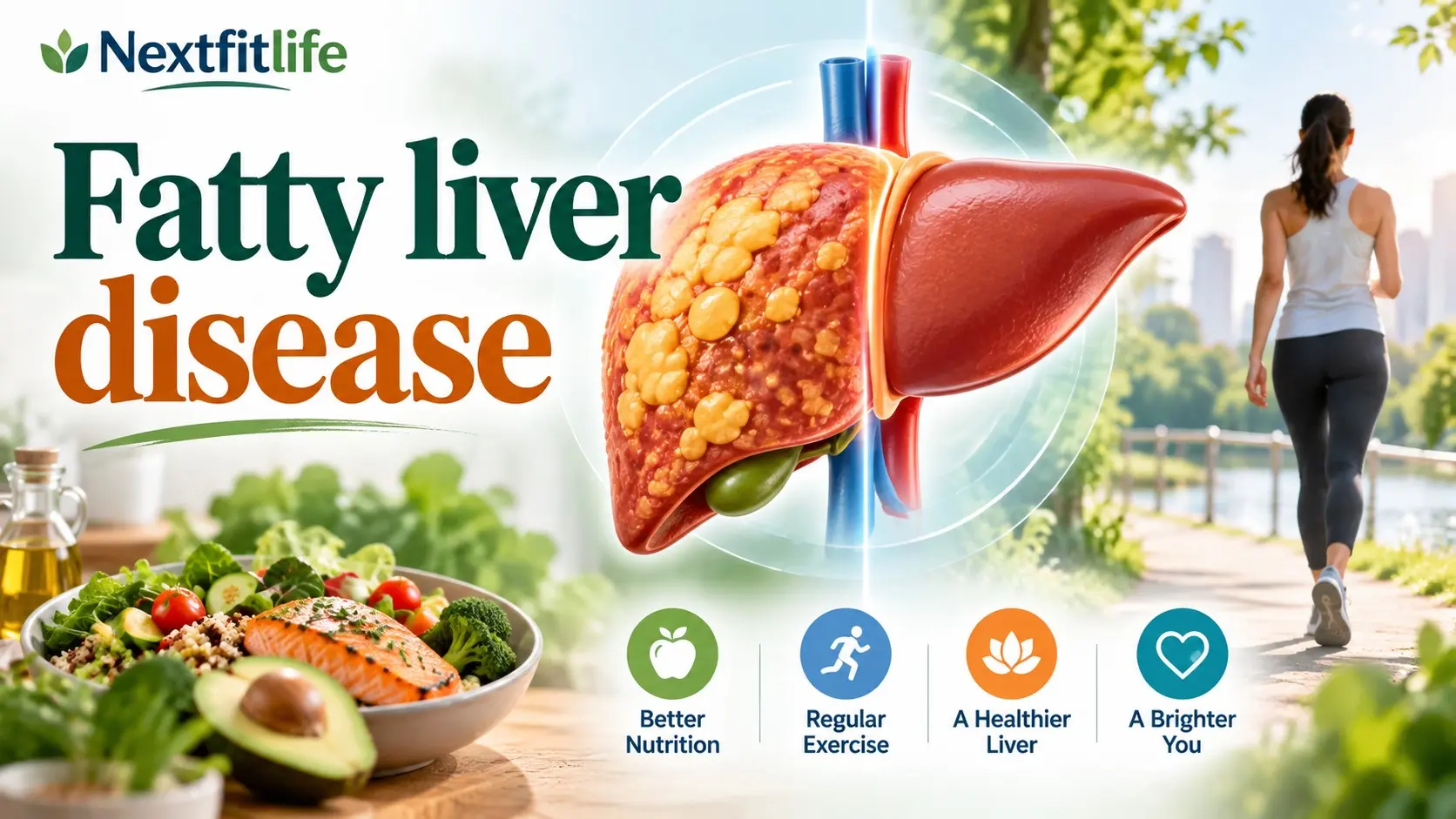 Fatty liver disease guide showing healthy liver, fatty liver, exercise, balanced food, metabolic health, and fibrosis testing