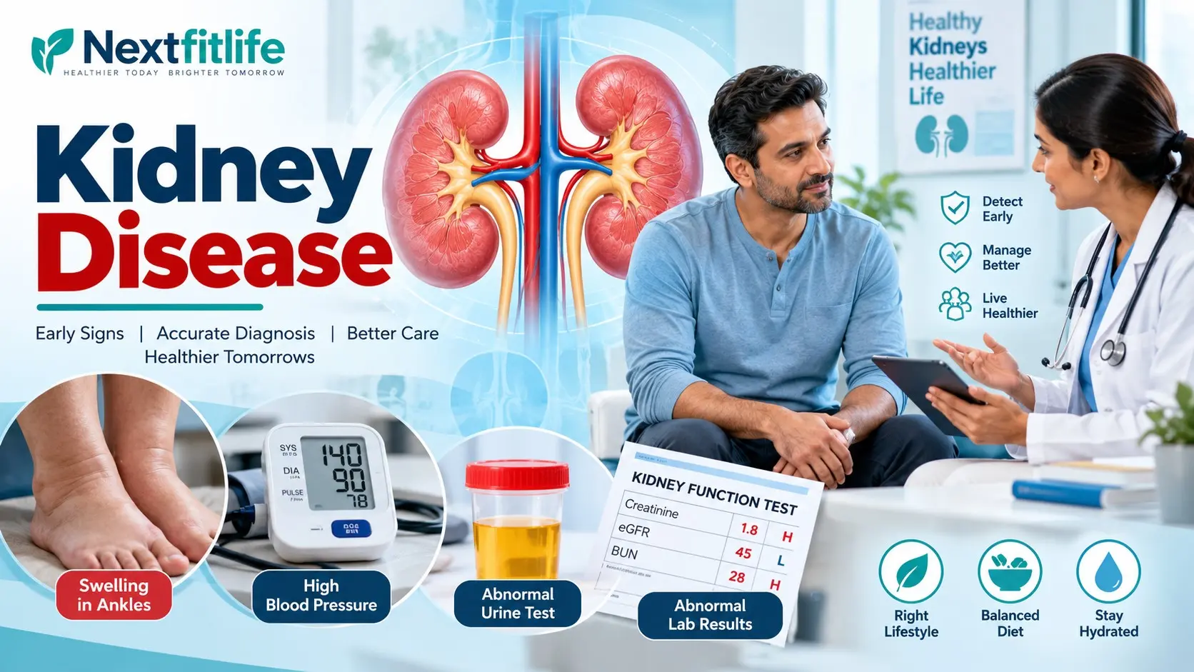 Kidney disease guide showing kidneys, eGFR, urine albumin testing, swelling, blood pressure, CKD stages, and kidney healthy care