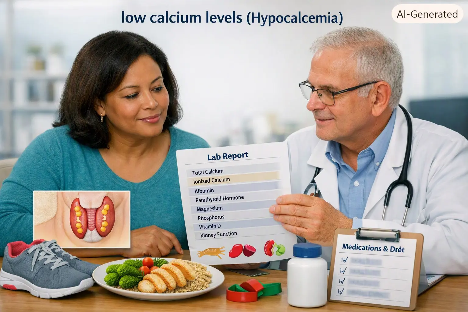 low calcium levels hypocalcemia - Adult reviewing low calcium, ionized calcium, albumin, parathyroid hormone, magnesium, vitamin D, and kidney test results with a healthcare professional.