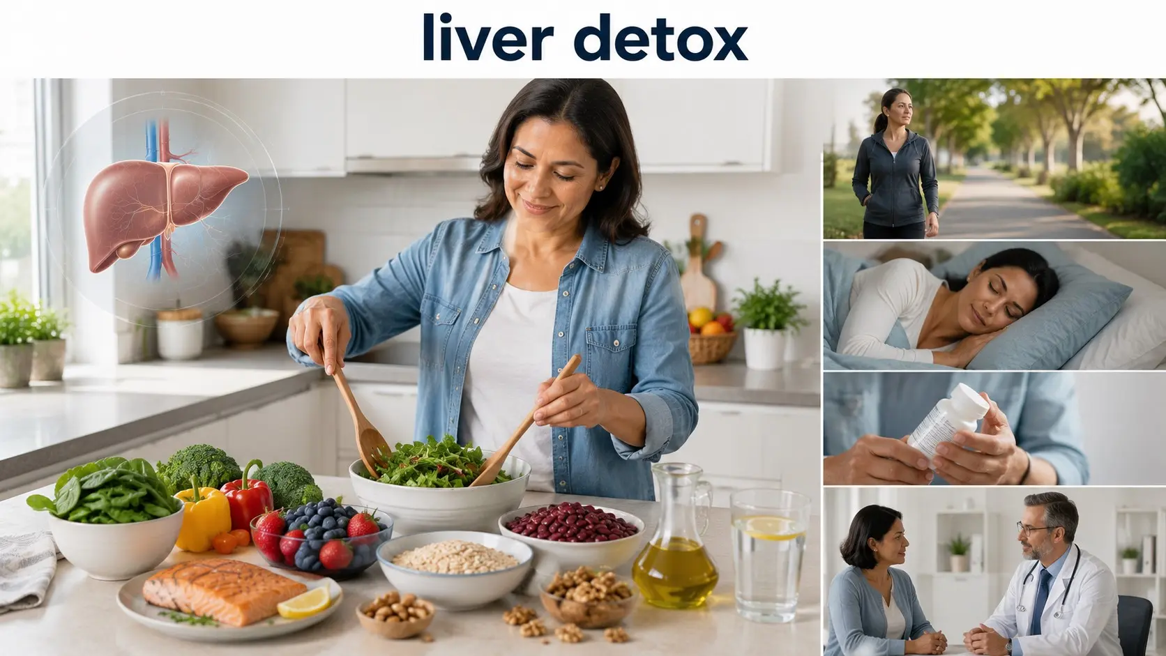 liver detox -Balanced foods, water, physical activity, and medical guidance representing safer ways to support liver health.