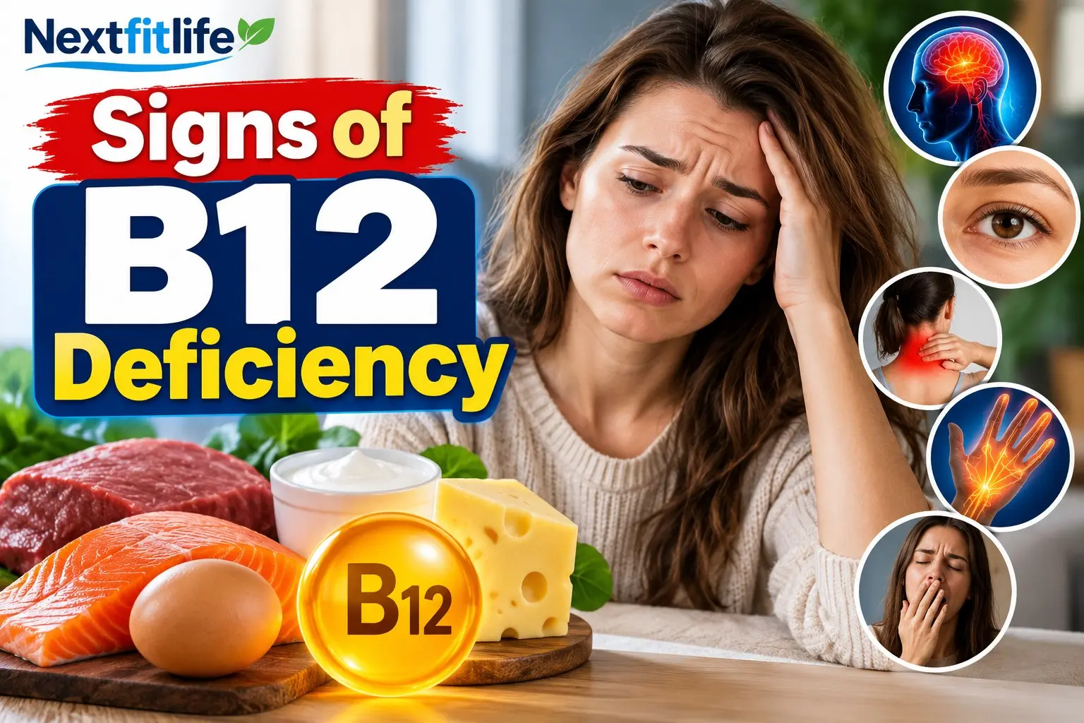 Signs of B12 deficiency including fatigue, tingling, numbness, balance problems, brain fog, anemia, and vitamin B12 testing