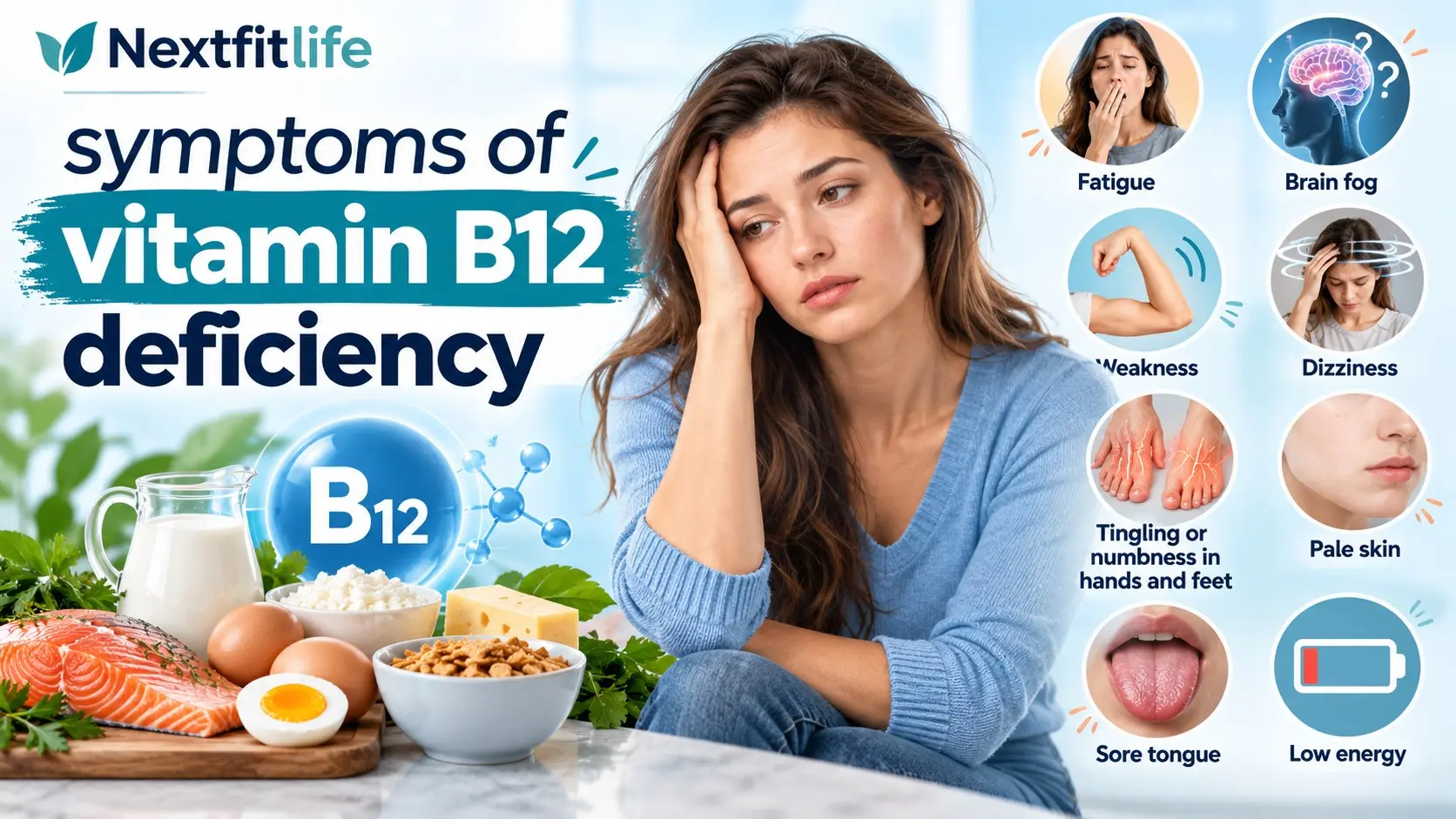 Symptoms of vitamin B12 deficiency including fatigue, tingling, numbness, balance problems, brain fog, anemia, and B12 testing