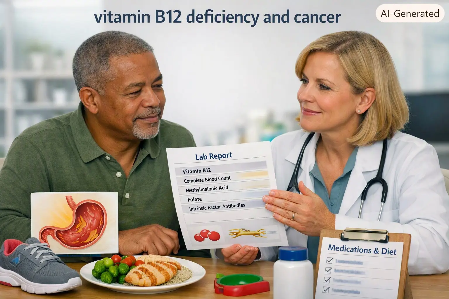 vitamin B12 deficiency and cancer- Adult reviewing vitamin B12, complete blood count, methylmalonic acid, and intrinsic-factor test results with a healthcare professional.
