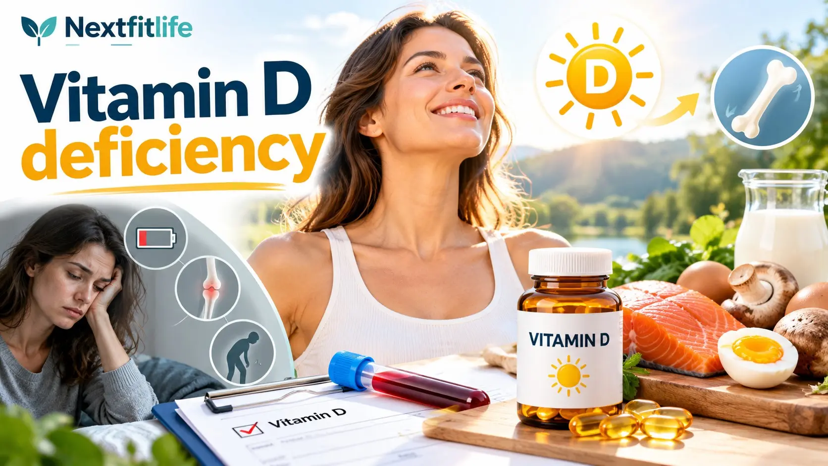 Vitamin D deficiency guide showing bone pain, muscle weakness, sunlight, fortified foods, vitamin D testing, and safe supplements