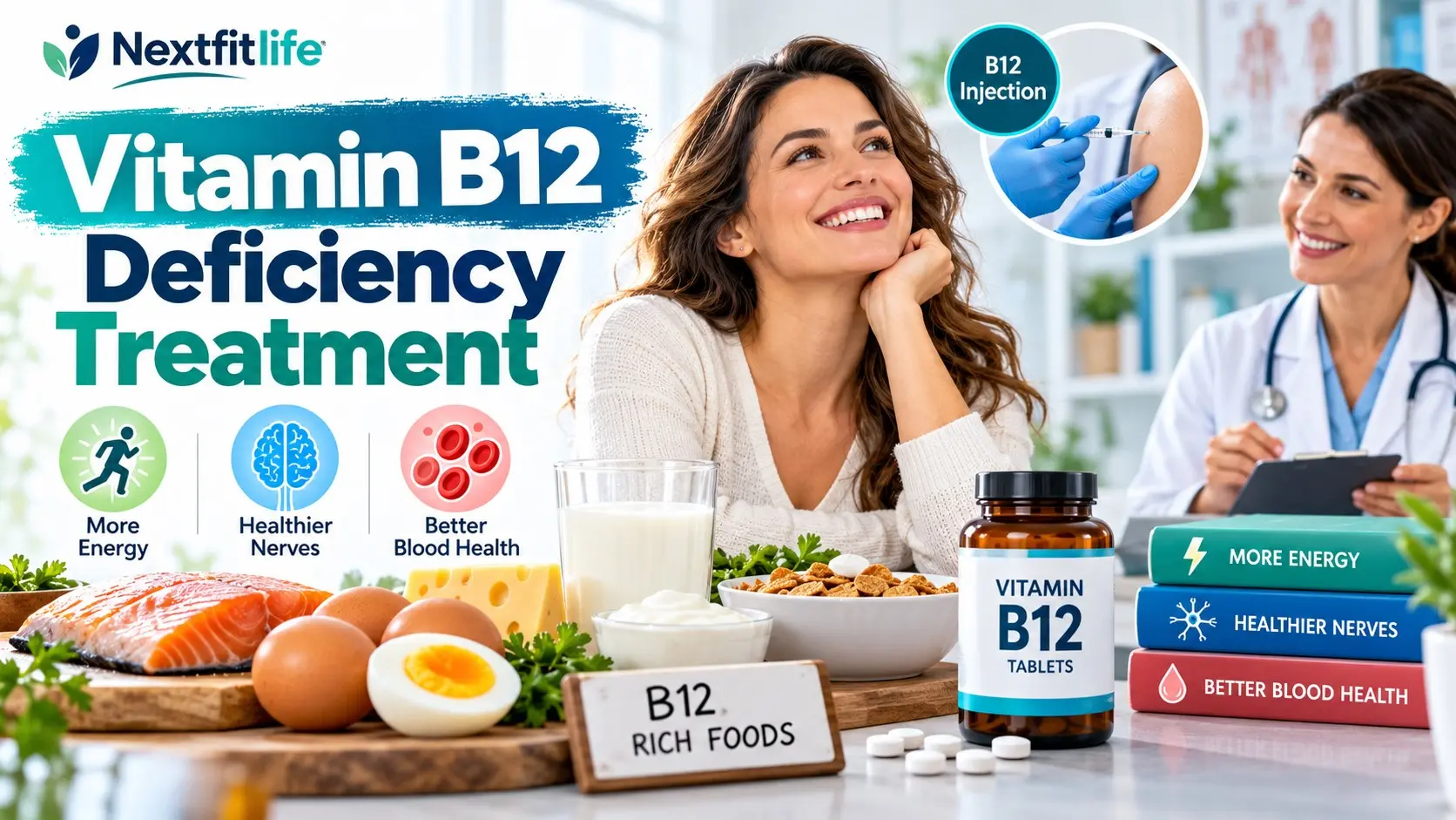Vitamin B12 deficiency treatment with oral B12, injections, nerve recovery, blood testing, and vitamin B12 rich foods