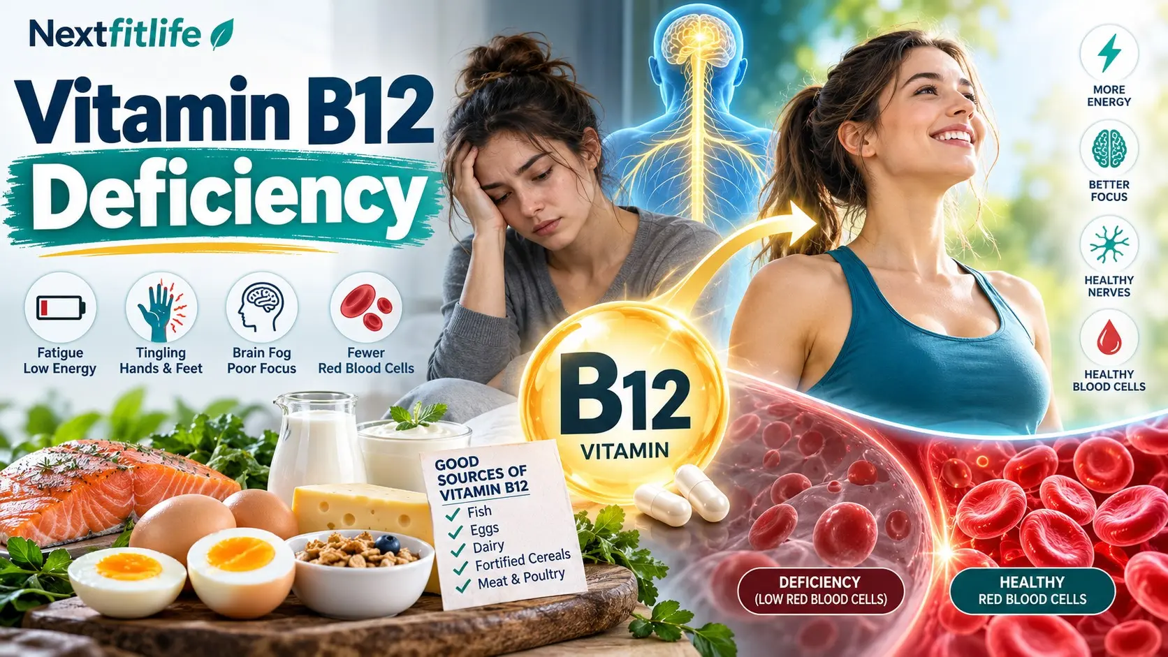 Vitamin B12 deficiency showing fatigue, tingling, balance problems, anemia, B12 blood testing, foods, supplements, and treatment