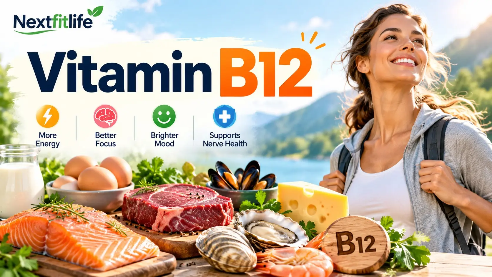 Vitamin B12 guide showing deficiency symptoms, nerve health, red blood cells, food sources, blood testing, and safe treatment