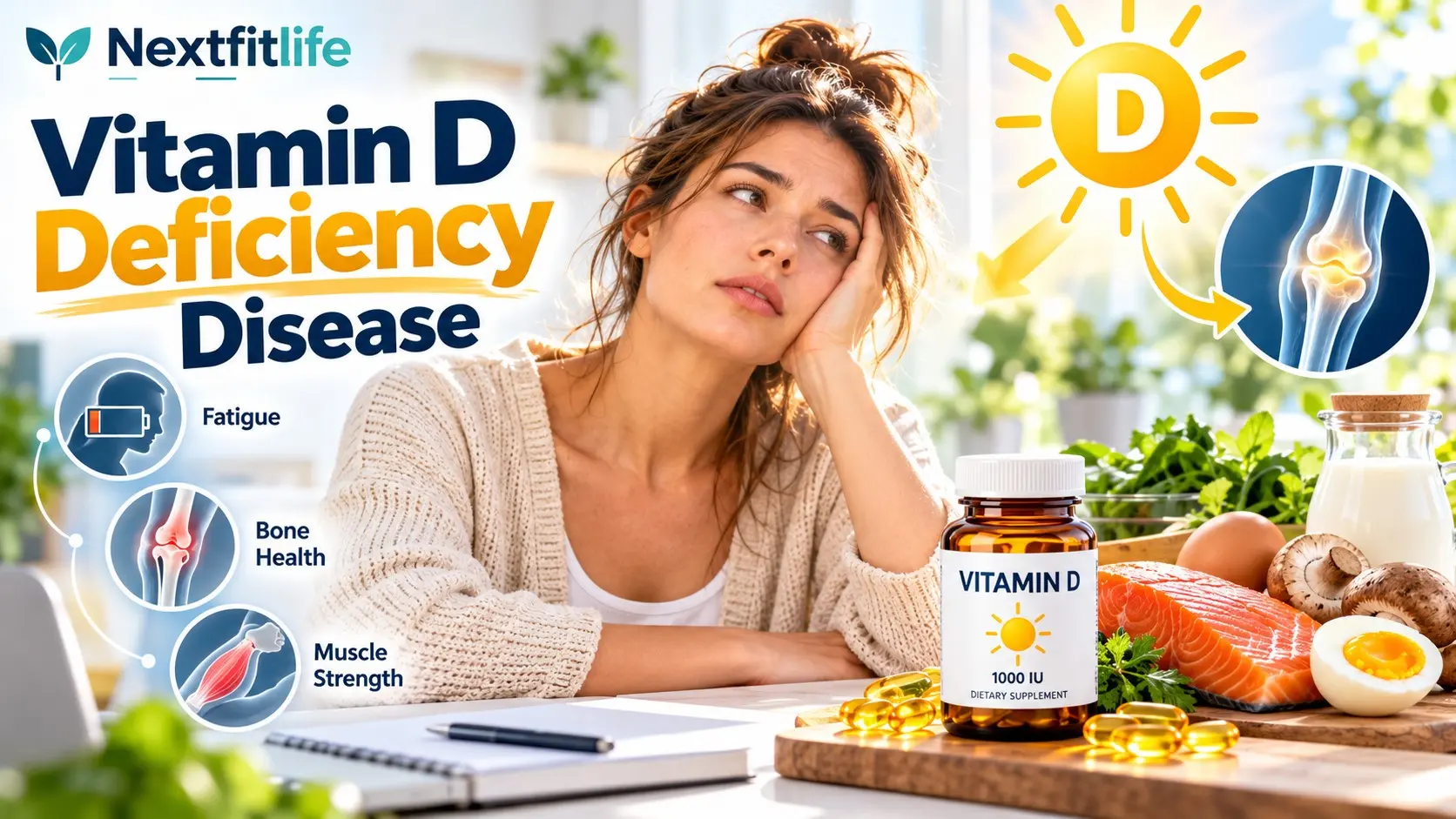 Vitamin D deficiency disease showing bone pain, muscle weakness, rickets, osteomalacia, vitamin D testing, foods, and safe treatment