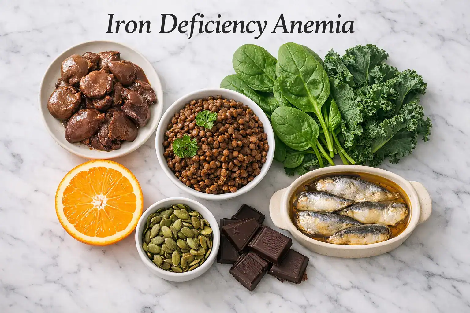 Flat lay on white marble showing ironโrich foods โ chicken liver, cooked lentils, dark leafy greens, sardines, pumpkin seeds, dark chocolate squares, and a halved orange for vitaminโฏC โ representing healthy nutrition for IronโฏDeficiencyโฏAnemia.