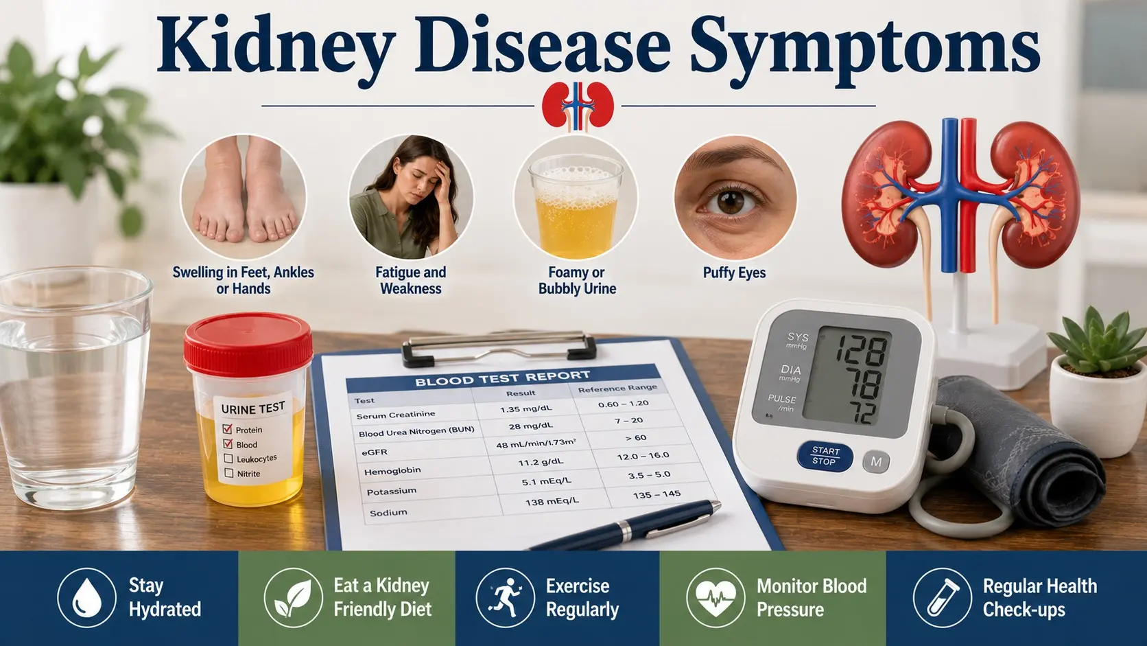 Kidney Disease Symptoms guide with kidney icons, urine test cup, blood test report, swelling, fatigue, and blood pressure monitor.
