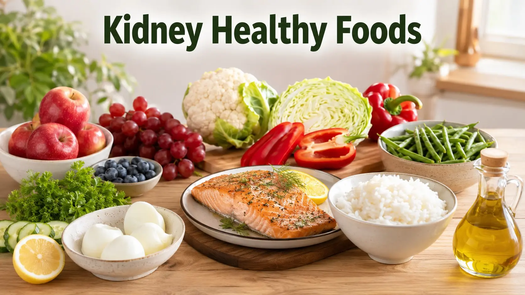 Kidney Healthy Foods with salmon, egg whites, apples, berries, cauliflower, peppers, rice, green beans, and olive oil.