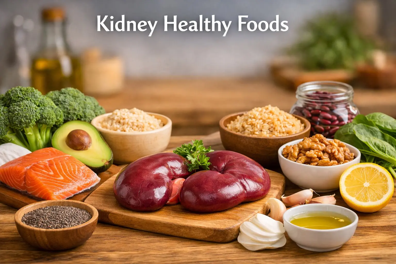 Kidney Healthy Foods — fresh salmon, avocado, broccoli, quinoa, and olive oil arranged on a wooden table promoting kidney health