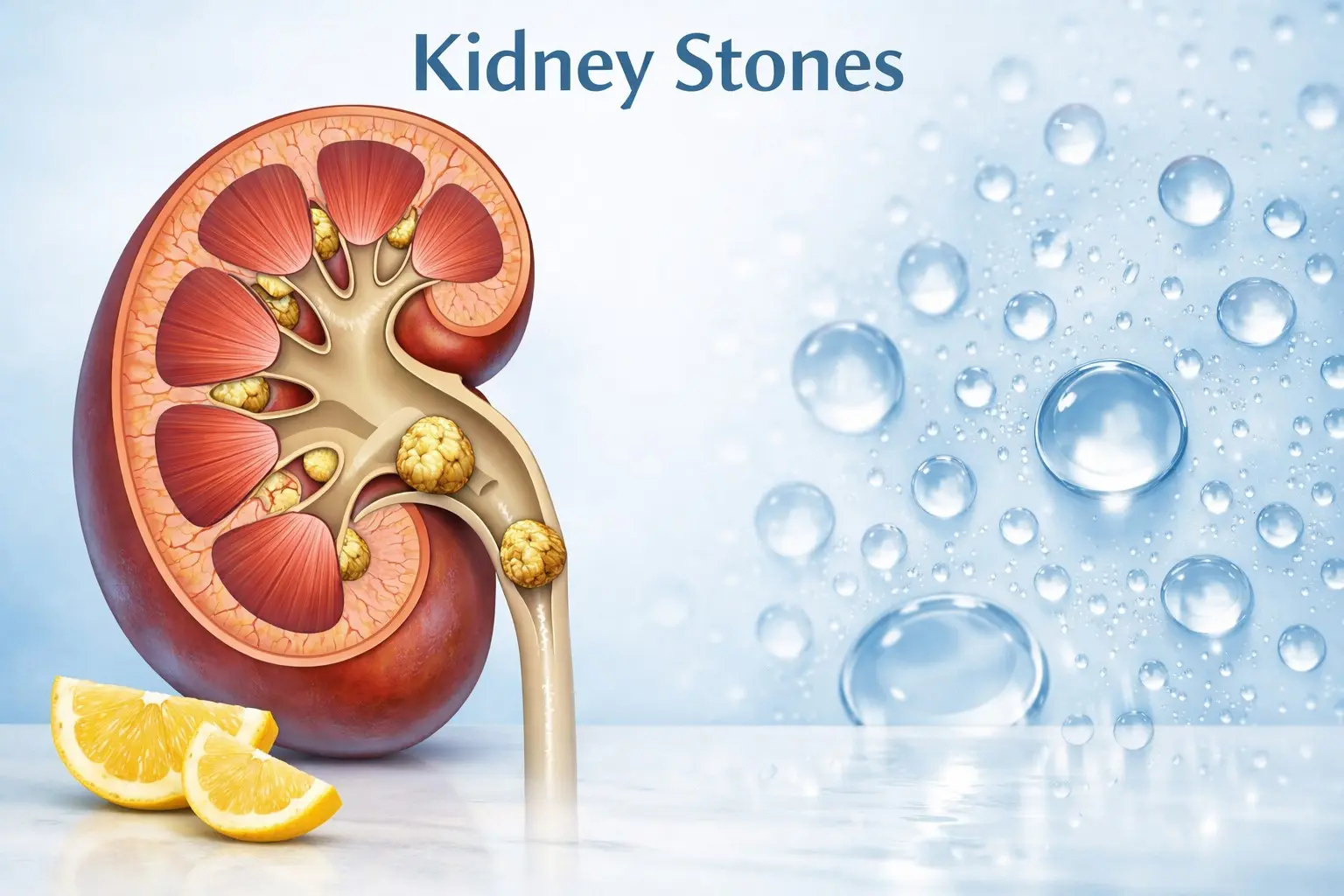 Illustration showing kidney stones forming in the ureter with a glass of lemon water symbolising natural prevention and treatment