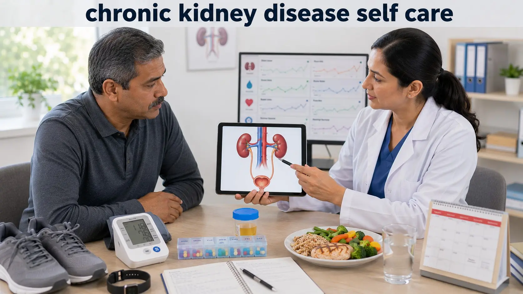 Patient reviews chronic kidney disease self-care, blood pressure, medicines, diet, and kidney tests with a clinician.