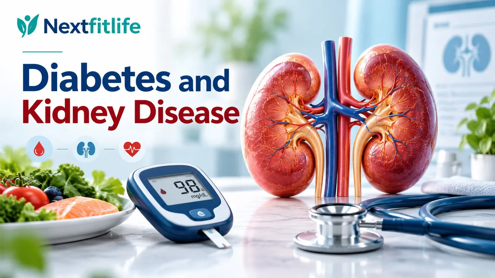Diabetes and kidney disease guide showing eGFR, UACR, blood sugar, blood pressure, kidney tests, and protective treatment