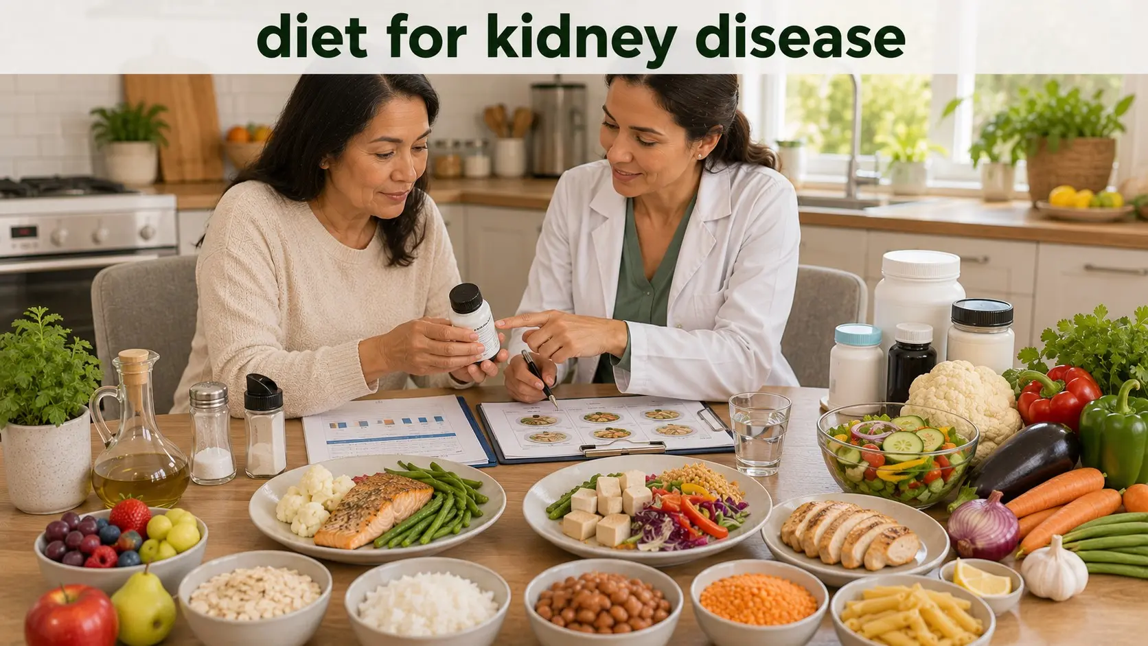 A renal dietitian helping an adult plan a diet for kidney disease with vegetables, fruit, grains, fish, eggs, tofu, beans, and low sodium foods