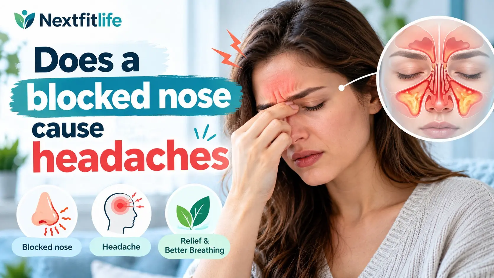 Does a blocked nose cause headaches showing nasal congestion, sinus pressure, migraine clues, saline rinse, and safe relief