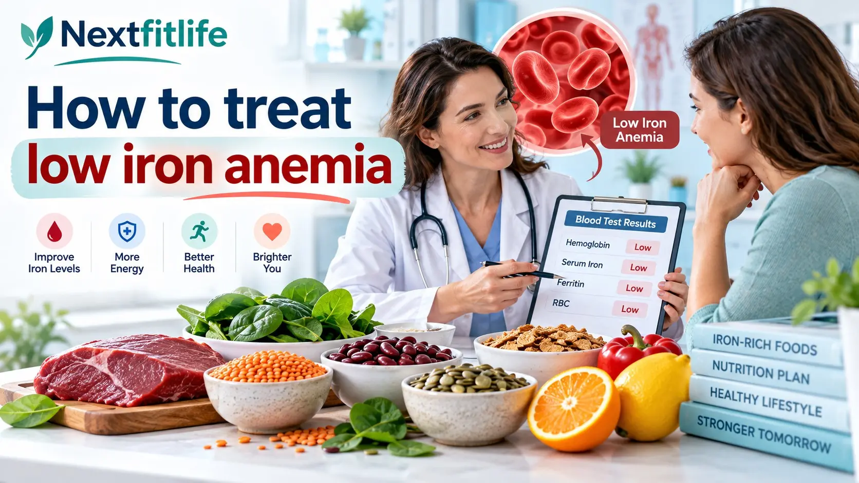 How to treat low iron anemia with blood tests, iron rich foods, oral iron supplements, IV iron, ferritin testing, and medical care