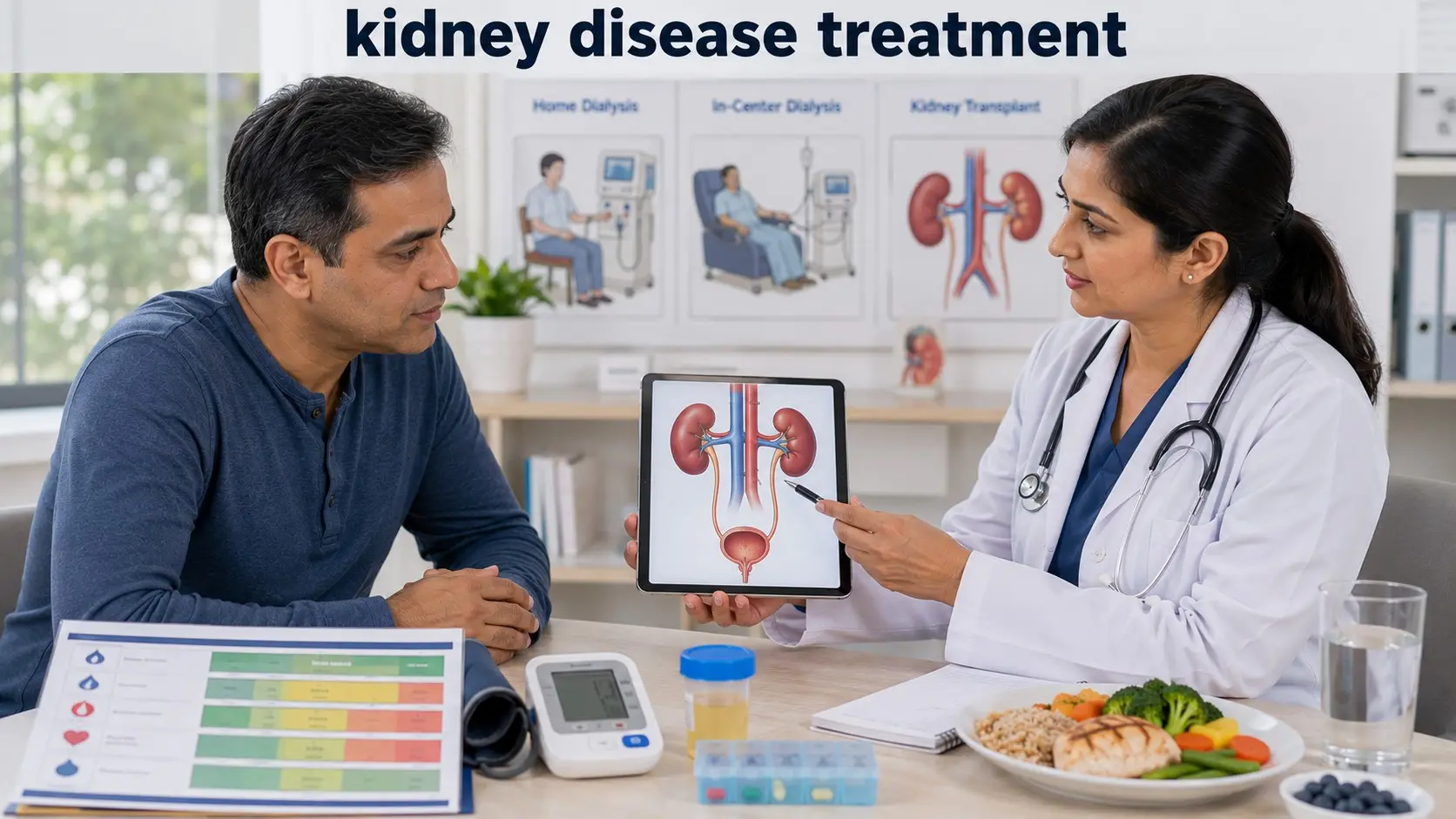 Patient reviews kidney disease treatment, eGFR tests, medicines, and diet with a nephrologist.