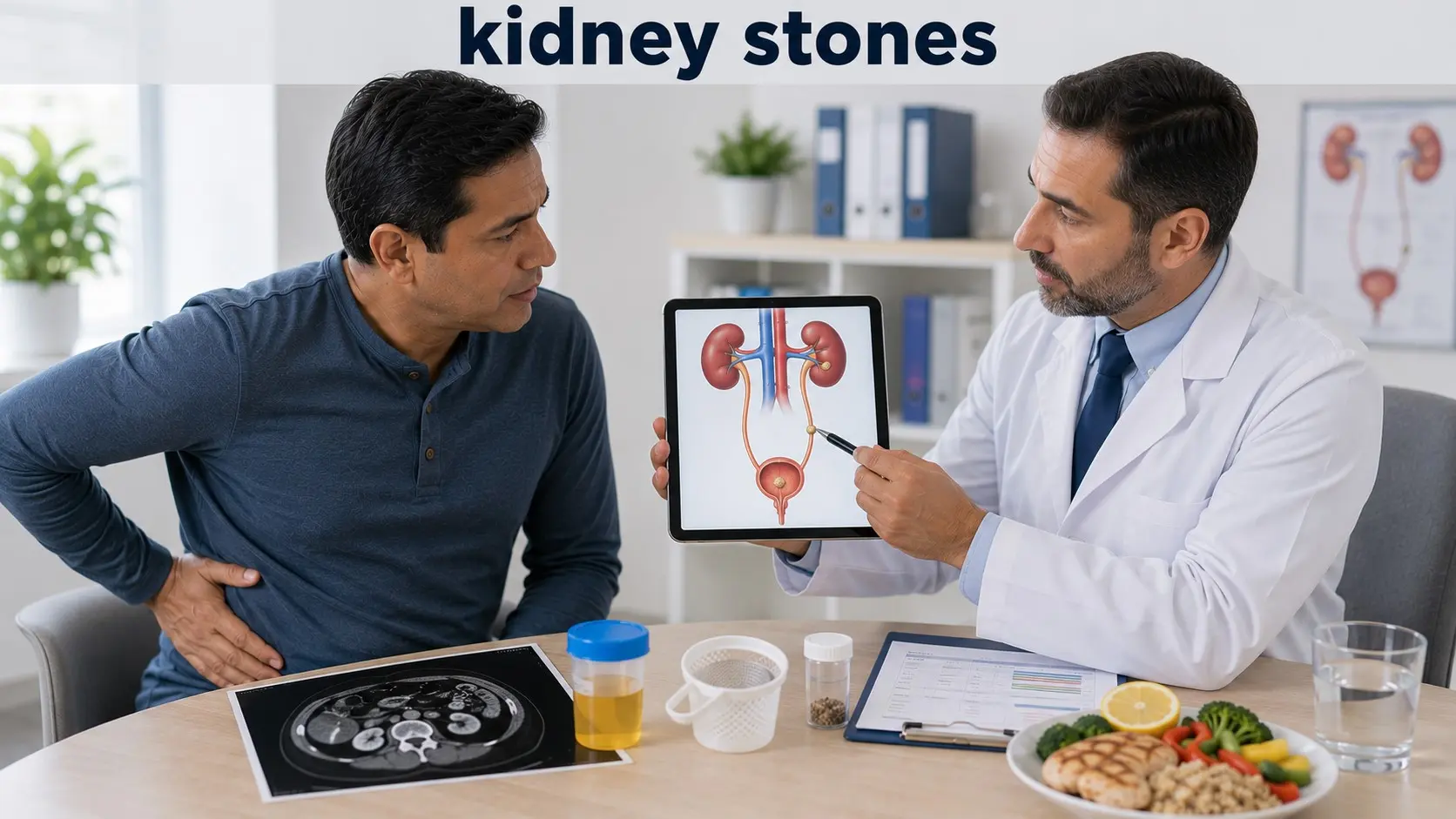 Patient discusses kidney-stone pain, CT testing, treatment, and prevention with a urologist