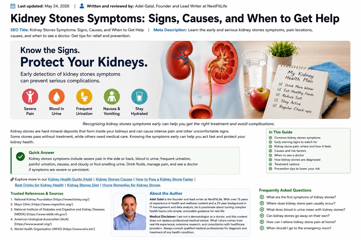 Kidney stones symptoms - Adult holding the side of the lower back beside a medical kidney diagram showing kidney stone pain and common urinary symptoms.