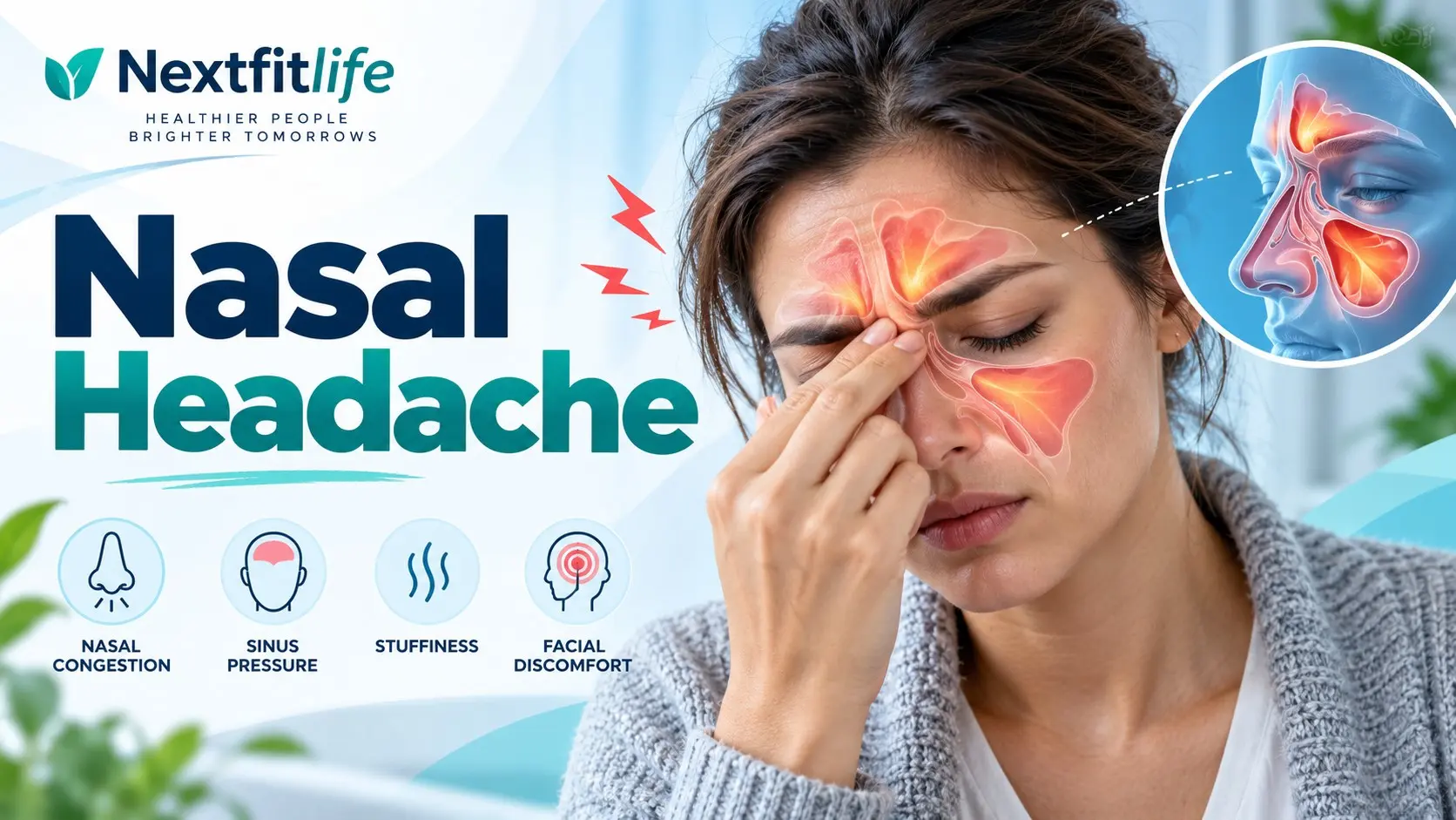 Nasal headache showing sinus pressure, migraine clues, nasal congestion, saline rinse, facial pain, and safe headache relief
