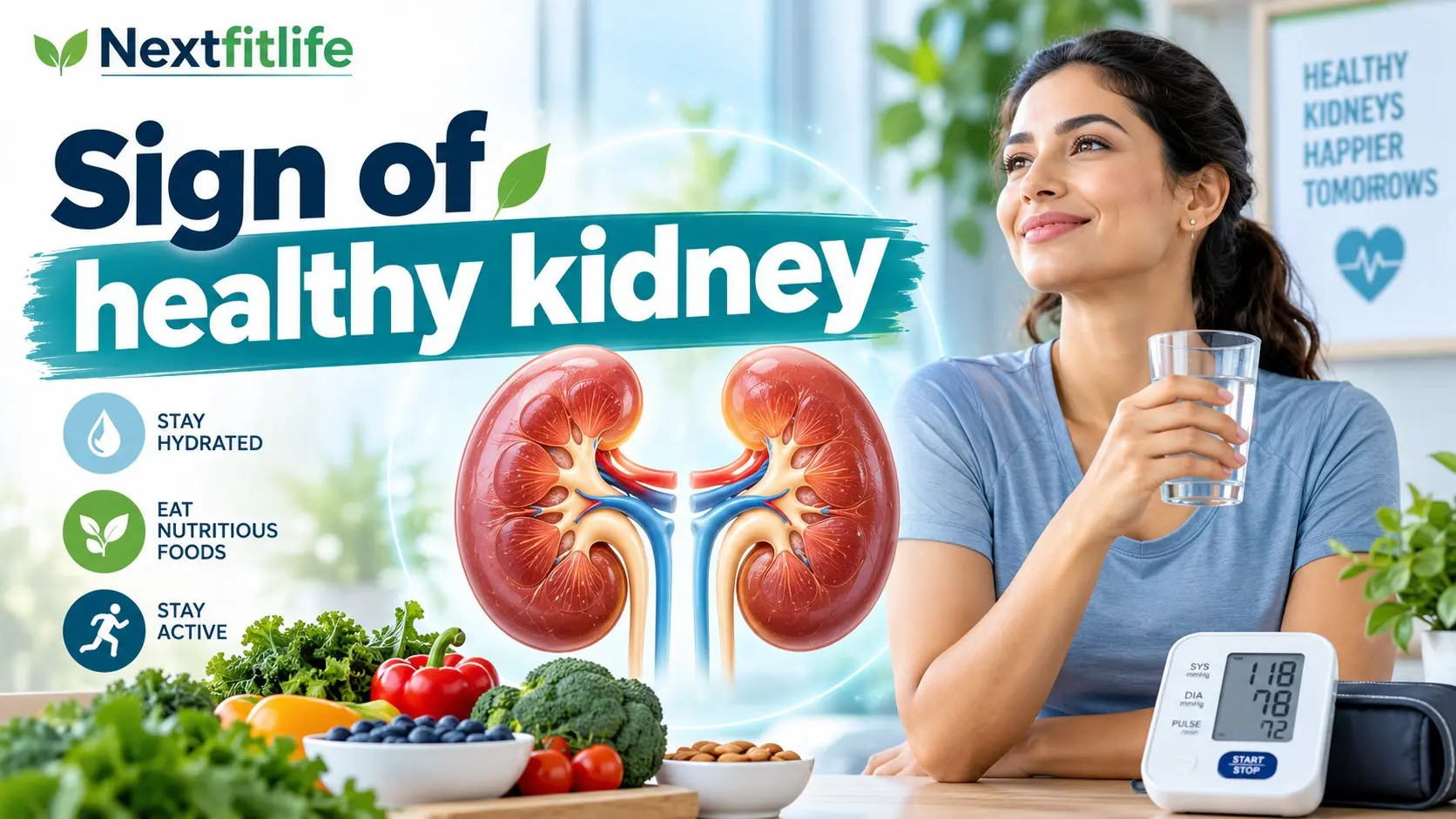 Sign of healthy kidney showing eGFR, urine albumin test, blood pressure, healthy urine, hydration, and kidney health checks