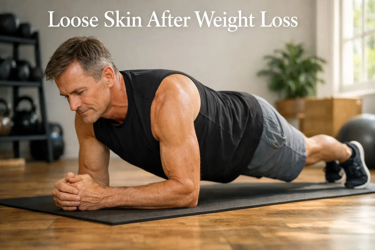 Fit man in his 50s doing a plank in a bright home gym, illustrating loose skin after weight loss.